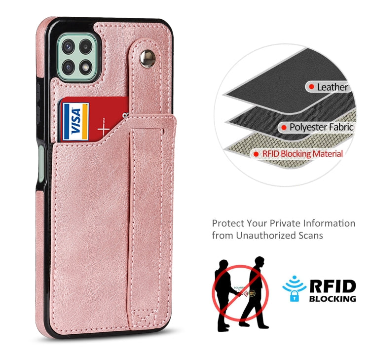 For Samsung Galaxy A22 5G Crazy Horse Texture Shockproof TPU + PU Leather Case with Card Slot & Wrist Strap Holder