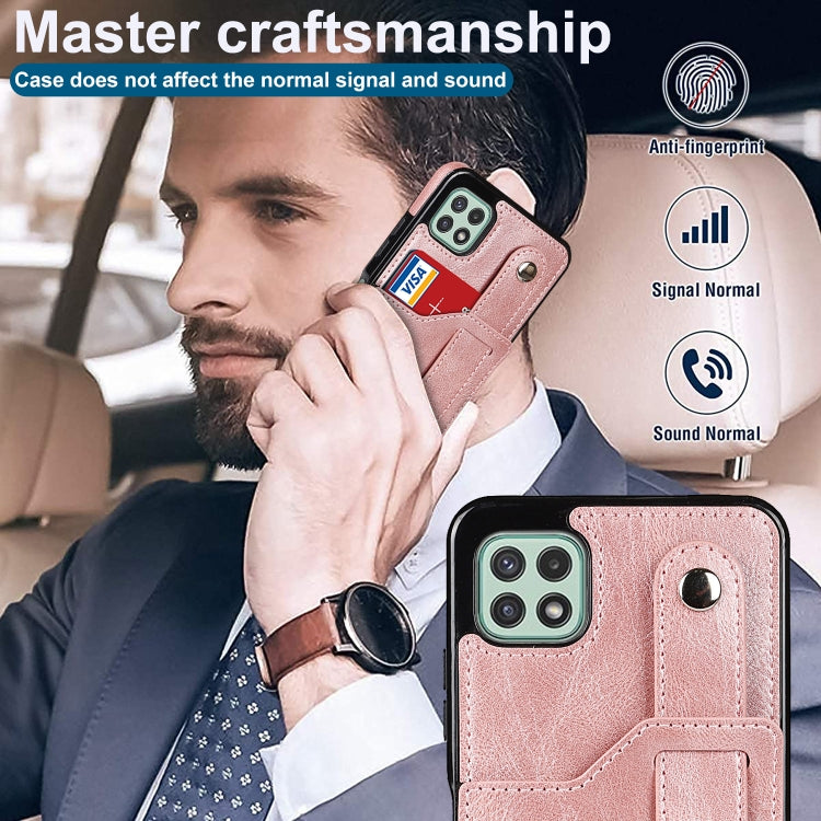 For Samsung Galaxy A22 5G Crazy Horse Texture Shockproof TPU + PU Leather Case with Card Slot & Wrist Strap Holder