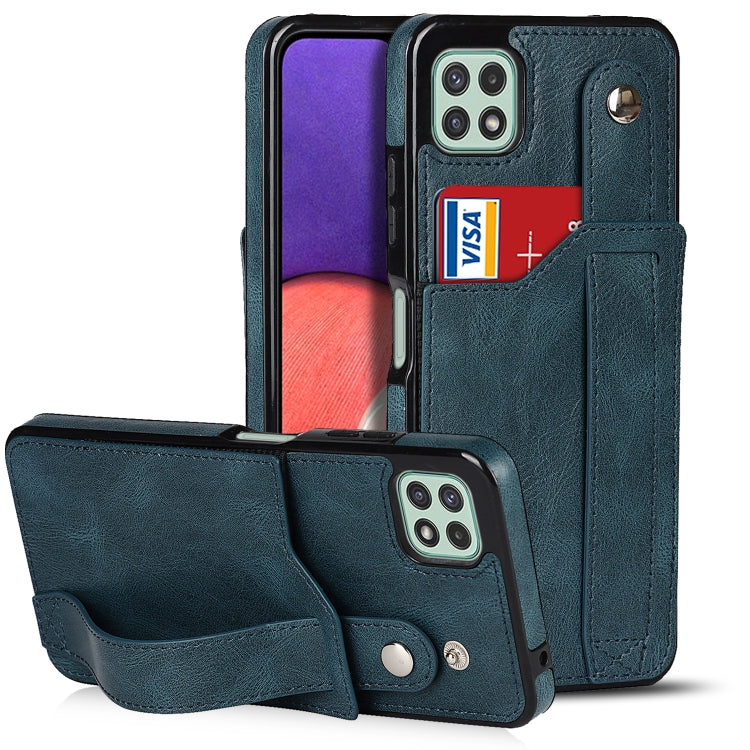 For Samsung Galaxy A22 5G Crazy Horse Texture Shockproof TPU + PU Leather Case with Card Slot & Wrist Strap Holder