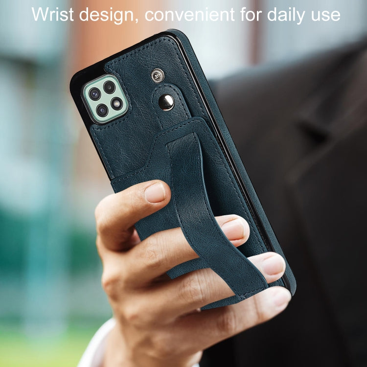 For Samsung Galaxy A22 5G Crazy Horse Texture Shockproof TPU + PU Leather Case with Card Slot & Wrist Strap Holder