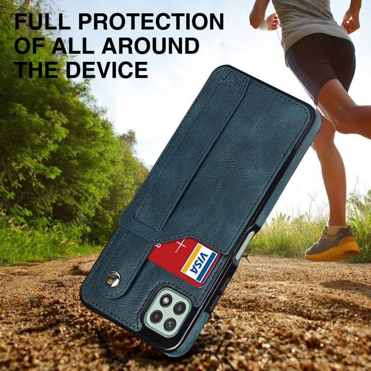For Samsung Galaxy A22 5G Crazy Horse Texture Shockproof TPU + PU Leather Case with Card Slot & Wrist Strap Holder