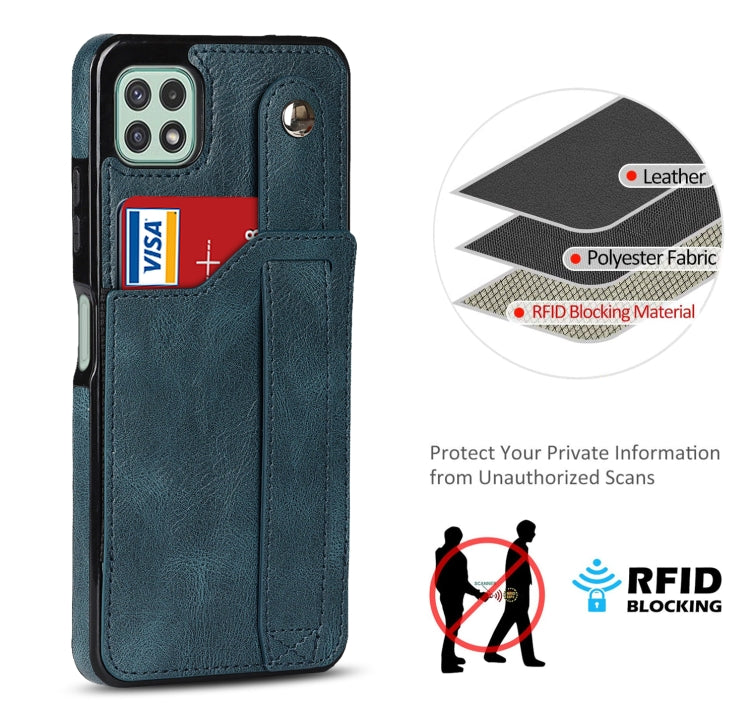 For Samsung Galaxy A22 5G Crazy Horse Texture Shockproof TPU + PU Leather Case with Card Slot & Wrist Strap Holder