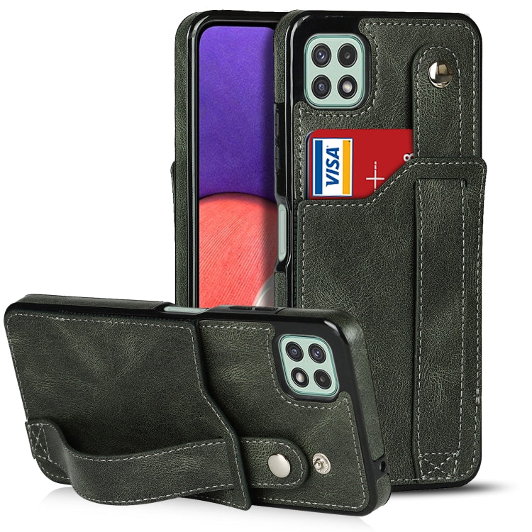 For Samsung Galaxy A22 5G Crazy Horse Texture Shockproof TPU + PU Leather Case with Card Slot & Wrist Strap Holder