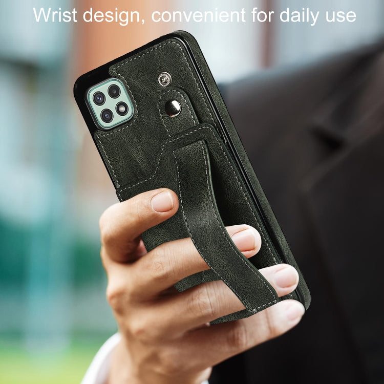 For Samsung Galaxy A22 5G Crazy Horse Texture Shockproof TPU + PU Leather Case with Card Slot & Wrist Strap Holder