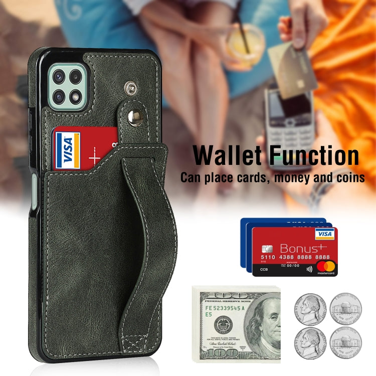 For Samsung Galaxy A22 5G Crazy Horse Texture Shockproof TPU + PU Leather Case with Card Slot & Wrist Strap Holder