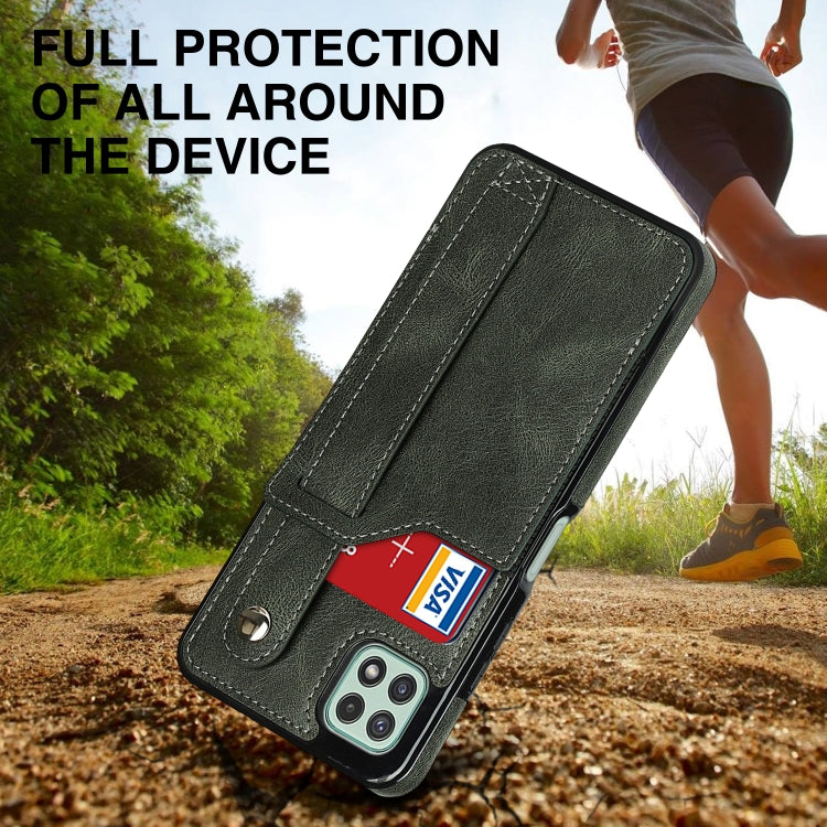 For Samsung Galaxy A22 5G Crazy Horse Texture Shockproof TPU + PU Leather Case with Card Slot & Wrist Strap Holder