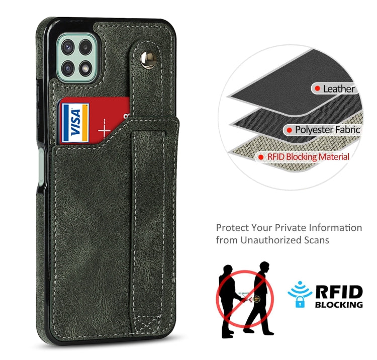 For Samsung Galaxy A22 5G Crazy Horse Texture Shockproof TPU + PU Leather Case with Card Slot & Wrist Strap Holder