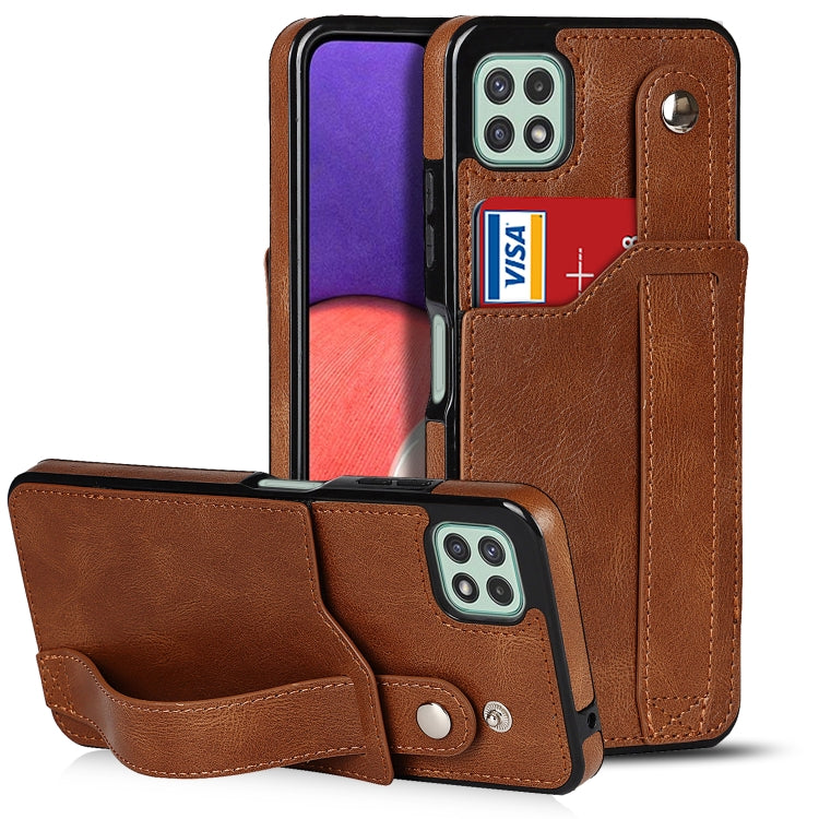 For Samsung Galaxy A22 5G Crazy Horse Texture Shockproof TPU + PU Leather Case with Card Slot & Wrist Strap Holder