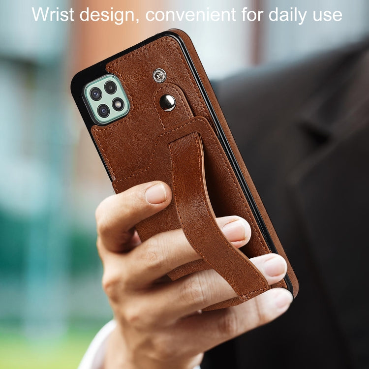 For Samsung Galaxy A22 5G Crazy Horse Texture Shockproof TPU + PU Leather Case with Card Slot & Wrist Strap Holder