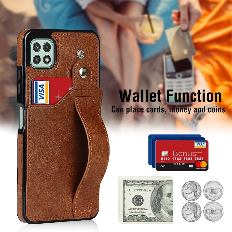 For Samsung Galaxy A22 5G Crazy Horse Texture Shockproof TPU + PU Leather Case with Card Slot & Wrist Strap Holder