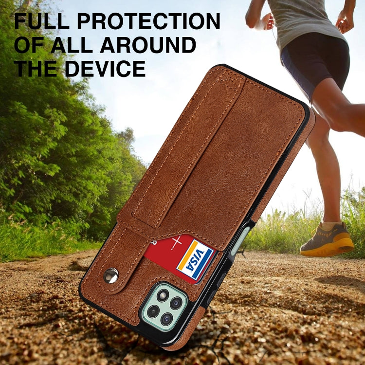 For Samsung Galaxy A22 5G Crazy Horse Texture Shockproof TPU + PU Leather Case with Card Slot & Wrist Strap Holder