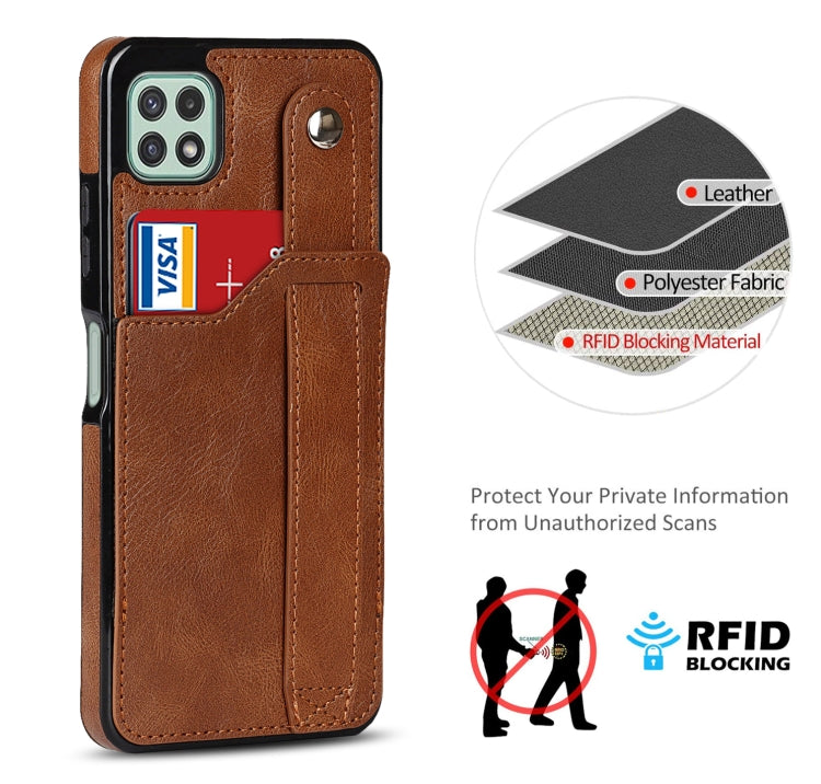 For Samsung Galaxy A22 5G Crazy Horse Texture Shockproof TPU + PU Leather Case with Card Slot & Wrist Strap Holder