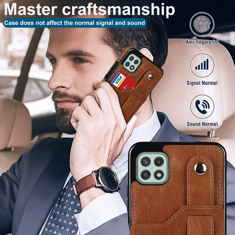For Samsung Galaxy A22 5G Crazy Horse Texture Shockproof TPU + PU Leather Case with Card Slot & Wrist Strap Holder