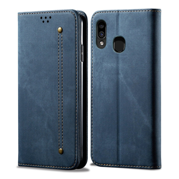 For Galaxy A20 / A30 Denim Texture Casual Style Horizontal Flip Leather Case with Holder & Card Slots & Wallet