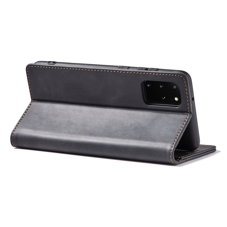For Samsung Galaxy S20 5G Skin-feel Calfskin Texture Magnetic Dual-Fold Horizontal Flip Leather Case with Holder & Card Slots & Wallet
