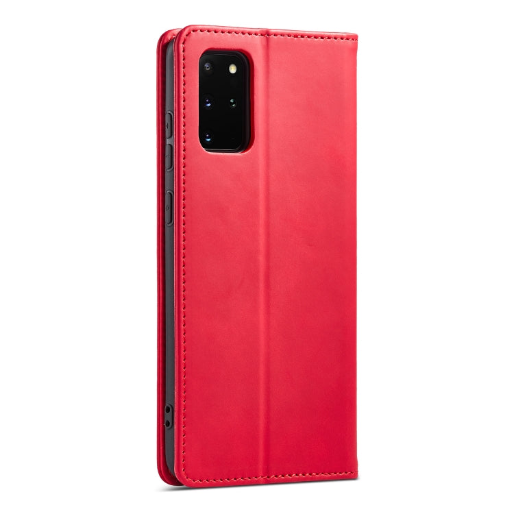 For Samsung Galaxy S20+ 5G Skin-feel Calfskin Texture Magnetic Dual-Fold Horizontal Flip Leather Case with Holder & Card Slots & Wallet