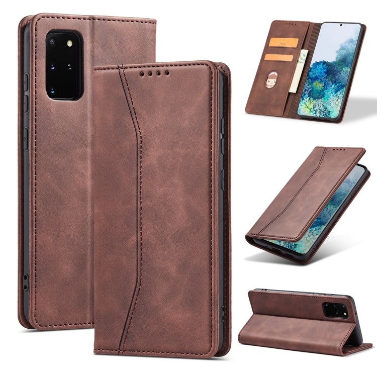 For Samsung Galaxy S20+ 5G Skin-feel Calfskin Texture Magnetic Dual-Fold Horizontal Flip Leather Case with Holder & Card Slots & Wallet