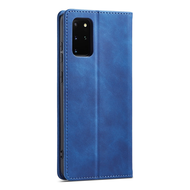 For Samsung Galaxy S20+ 5G Skin-feel Calfskin Texture Magnetic Dual-Fold Horizontal Flip Leather Case with Holder & Card Slots & Wallet