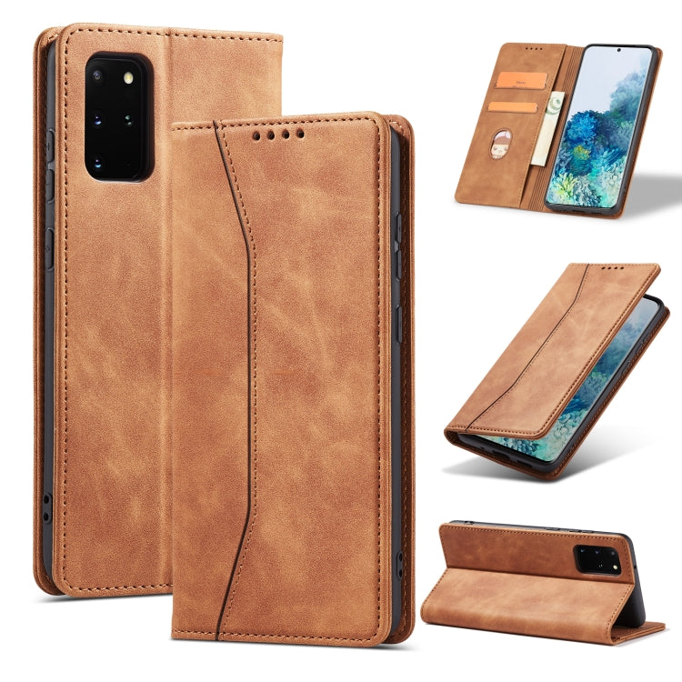 For Samsung Galaxy S20+ 5G Skin-feel Calfskin Texture Magnetic Dual-Fold Horizontal Flip Leather Case with Holder & Card Slots & Wallet