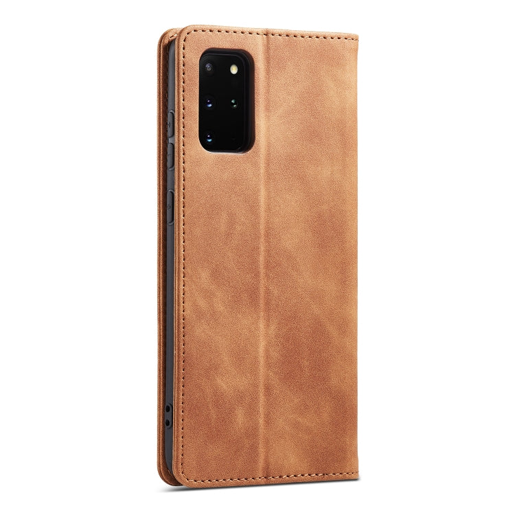 For Samsung Galaxy S20+ 5G Skin-feel Calfskin Texture Magnetic Dual-Fold Horizontal Flip Leather Case with Holder & Card Slots & Wallet