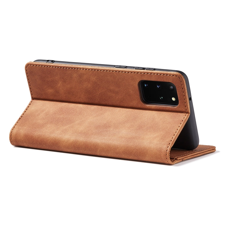 For Samsung Galaxy S20+ 5G Skin-feel Calfskin Texture Magnetic Dual-Fold Horizontal Flip Leather Case with Holder & Card Slots & Wallet