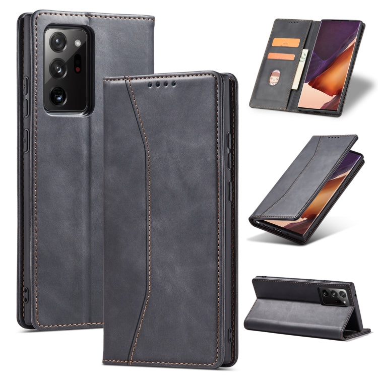 For Samsung Galaxy Note20 Skin-feel Calfskin Texture Magnetic Dual-Fold Horizontal Flip Leather Case with Holder & Card Slots & Wallet