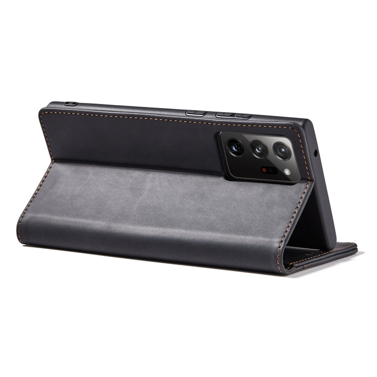 For Samsung Galaxy Note20 Skin-feel Calfskin Texture Magnetic Dual-Fold Horizontal Flip Leather Case with Holder & Card Slots & Wallet