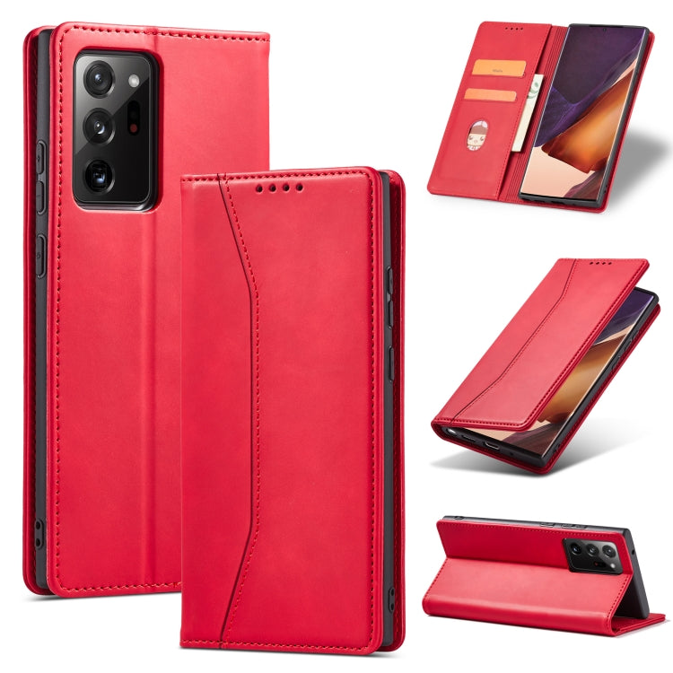 For Samsung Galaxy Note20 Skin-feel Calfskin Texture Magnetic Dual-Fold Horizontal Flip Leather Case with Holder & Card Slots & Wallet