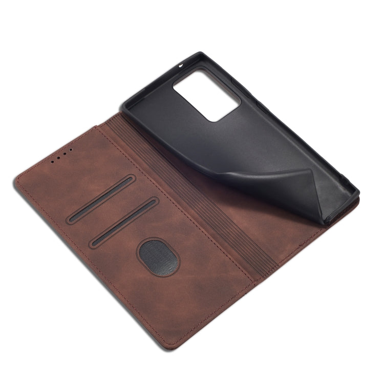 For Samsung Galaxy Note20 Skin-feel Calfskin Texture Magnetic Dual-Fold Horizontal Flip Leather Case with Holder & Card Slots & Wallet