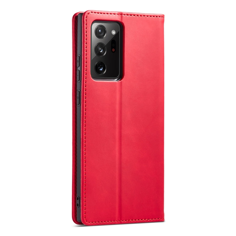 For Samsung Galaxy Note20 Ultra Skin-feel Calfskin Texture Magnetic Dual-Fold Horizontal Flip Leather Case with Holder & Card Slots & Wallet