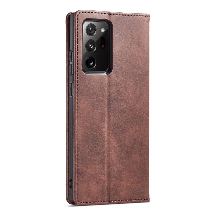 For Samsung Galaxy Note20 Ultra Skin-feel Calfskin Texture Magnetic Dual-Fold Horizontal Flip Leather Case with Holder & Card Slots & Wallet