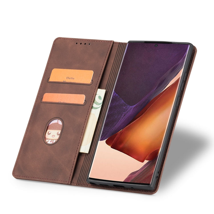 For Samsung Galaxy Note20 Ultra Skin-feel Calfskin Texture Magnetic Dual-Fold Horizontal Flip Leather Case with Holder & Card Slots & Wallet
