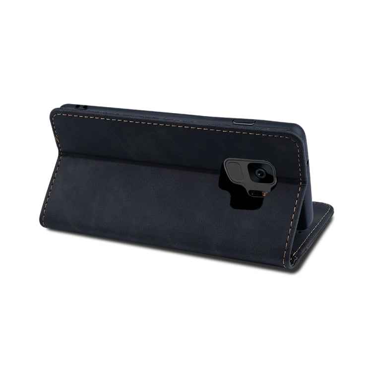 For Samsung Galaxy S9 Skin-feel Calfskin Texture Magnetic Dual-Fold Horizontal Flip Leather Case with Holder & Card Slots & Wallet