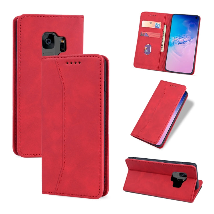 For Samsung Galaxy S9 Skin-feel Calfskin Texture Magnetic Dual-Fold Horizontal Flip Leather Case with Holder & Card Slots & Wallet