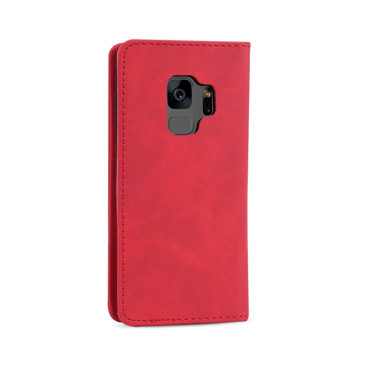 For Samsung Galaxy S9 Skin-feel Calfskin Texture Magnetic Dual-Fold Horizontal Flip Leather Case with Holder & Card Slots & Wallet
