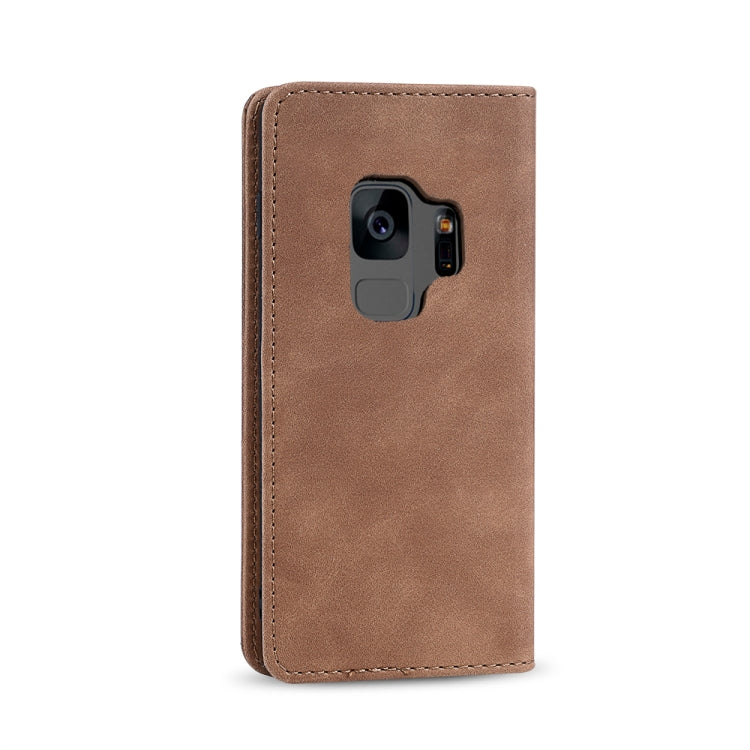 For Samsung Galaxy S9 Skin-feel Calfskin Texture Magnetic Dual-Fold Horizontal Flip Leather Case with Holder & Card Slots & Wallet