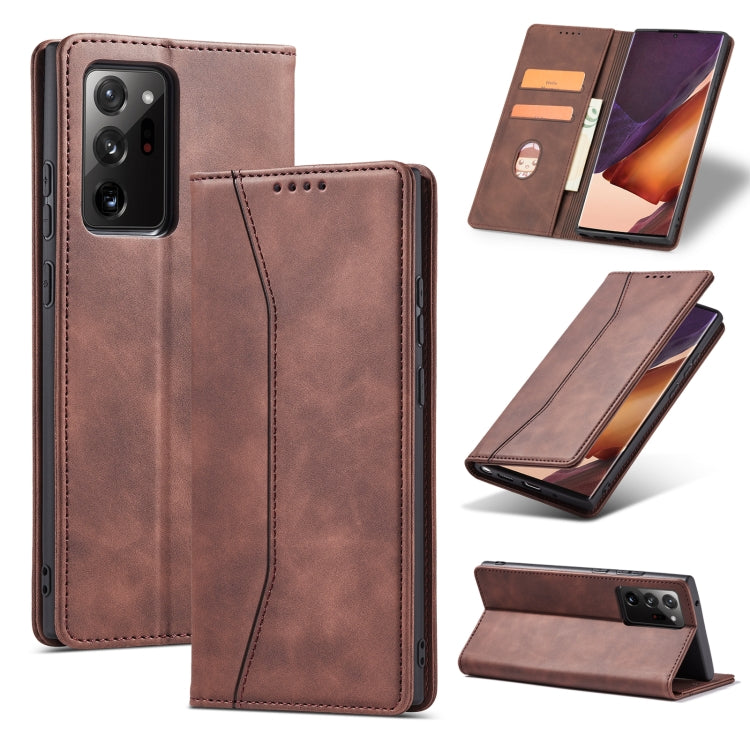 For Samsung Galaxy S20 Ultra 5G Skin-feel Calfskin Texture Magnetic Dual-Fold Horizontal Flip Leather Case with Holder & Card Slots & Wallet