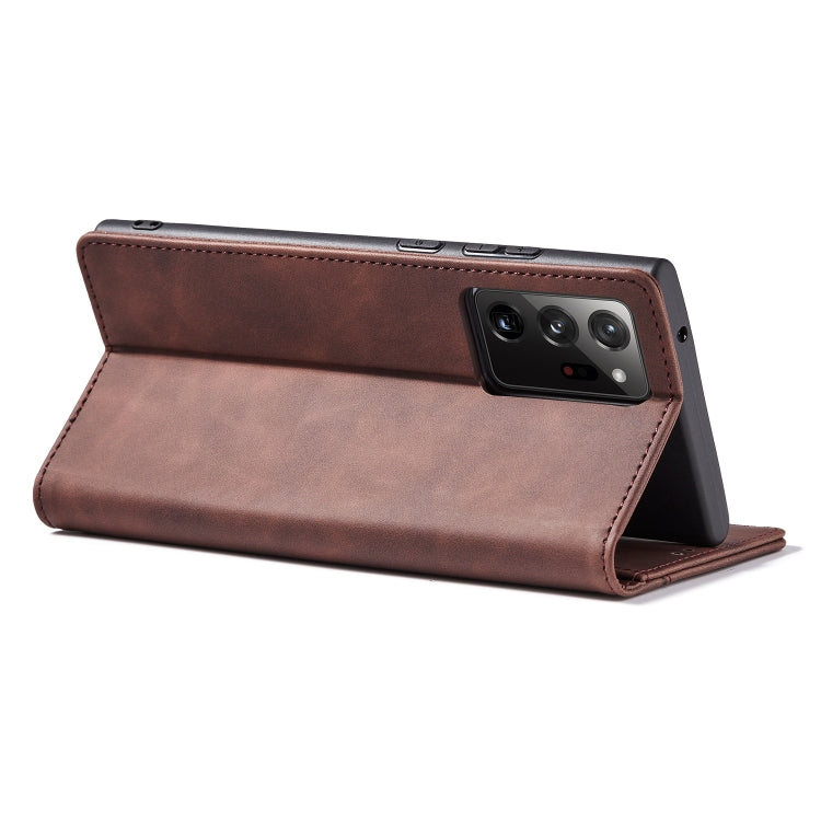 For Samsung Galaxy S20 Ultra 5G Skin-feel Calfskin Texture Magnetic Dual-Fold Horizontal Flip Leather Case with Holder & Card Slots & Wallet