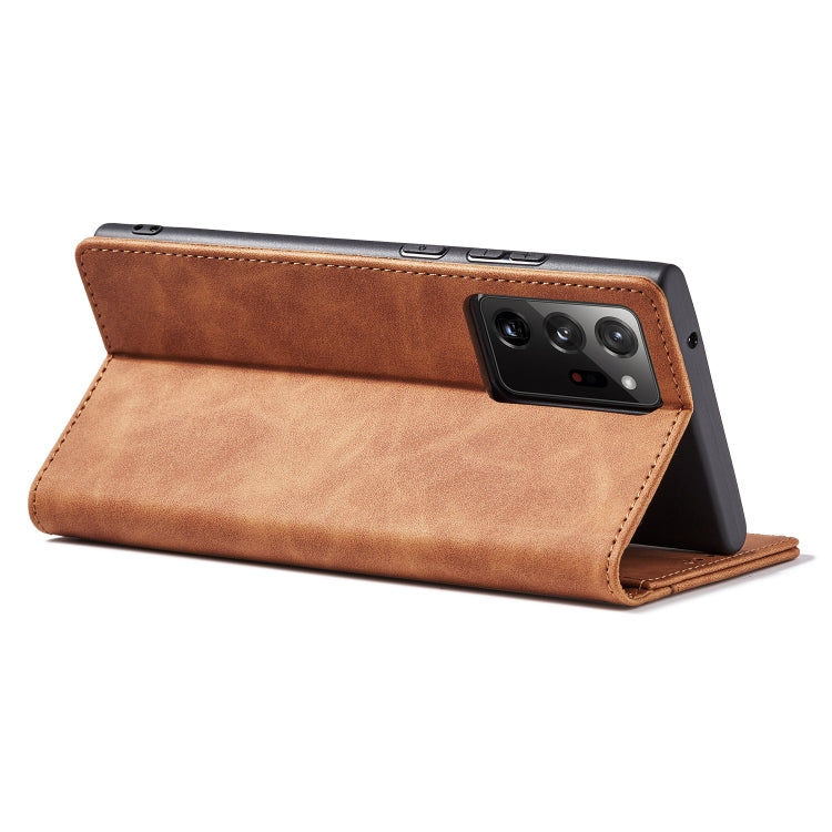 For Samsung Galaxy S20 Ultra 5G Skin-feel Calfskin Texture Magnetic Dual-Fold Horizontal Flip Leather Case with Holder & Card Slots & Wallet
