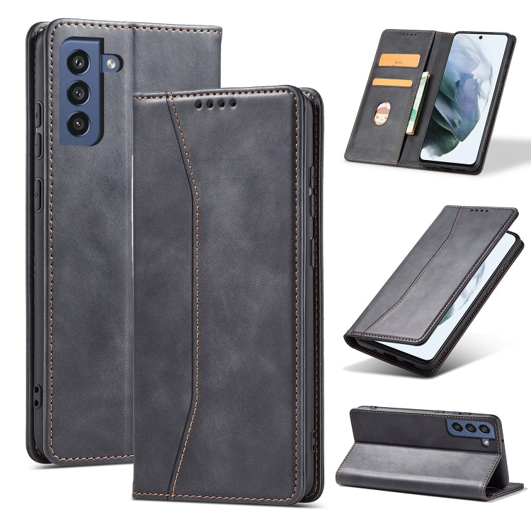 For Samsung Galaxy S21 FE 5G Skin-feel Calfskin Texture Magnetic Dual-Fold Horizontal Flip Leather Case with Holder & Card Slots & Wallet