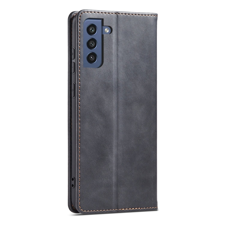For Samsung Galaxy S21 FE 5G Skin-feel Calfskin Texture Magnetic Dual-Fold Horizontal Flip Leather Case with Holder & Card Slots & Wallet