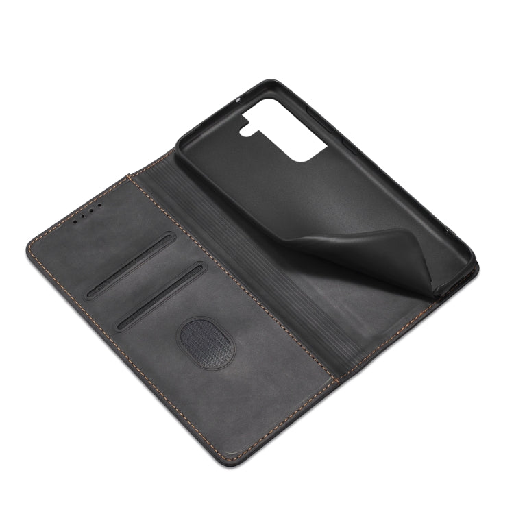 For Samsung Galaxy S21 FE 5G Skin-feel Calfskin Texture Magnetic Dual-Fold Horizontal Flip Leather Case with Holder & Card Slots & Wallet