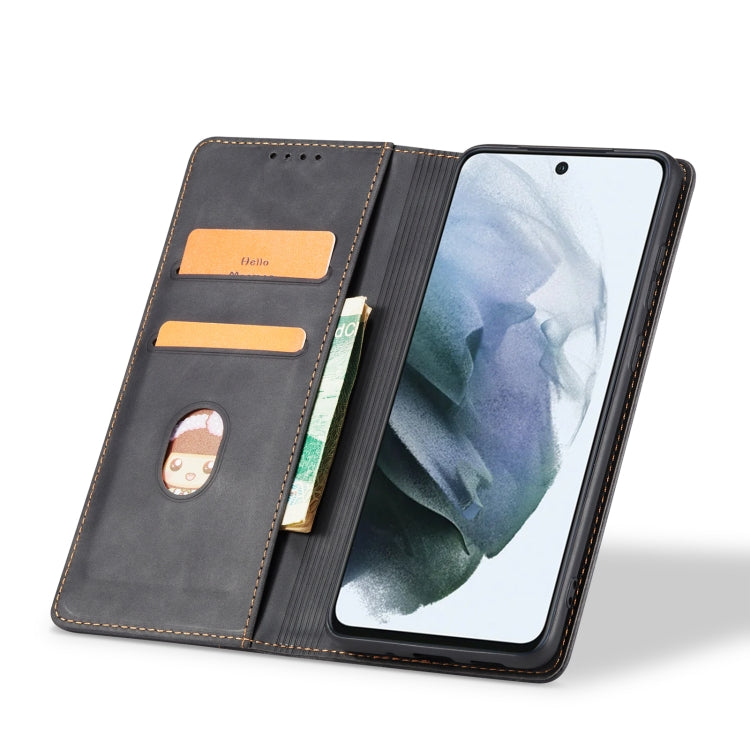 For Samsung Galaxy S21 FE 5G Skin-feel Calfskin Texture Magnetic Dual-Fold Horizontal Flip Leather Case with Holder & Card Slots & Wallet