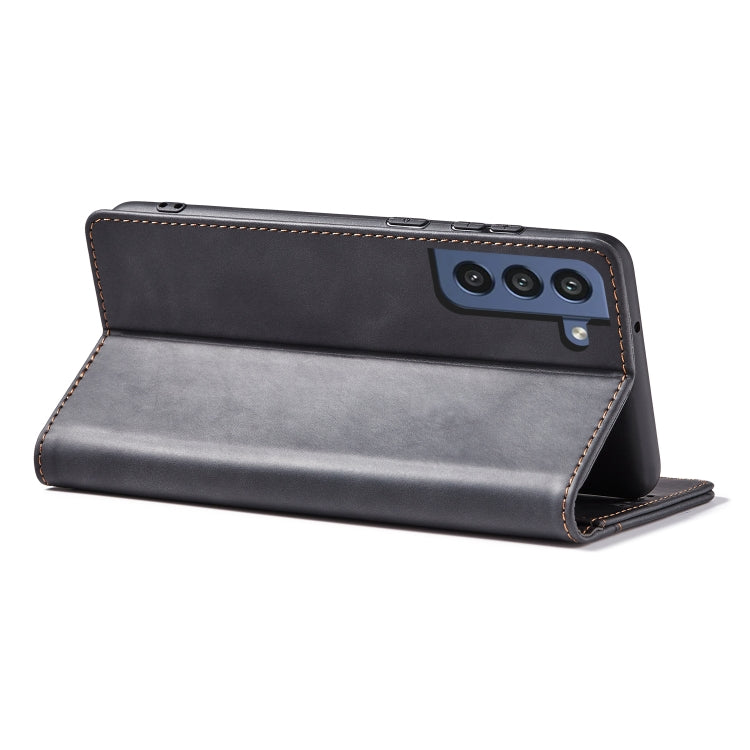 For Samsung Galaxy S21 FE 5G Skin-feel Calfskin Texture Magnetic Dual-Fold Horizontal Flip Leather Case with Holder & Card Slots & Wallet