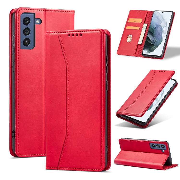 For Samsung Galaxy S21 FE 5G Skin-feel Calfskin Texture Magnetic Dual-Fold Horizontal Flip Leather Case with Holder & Card Slots & Wallet