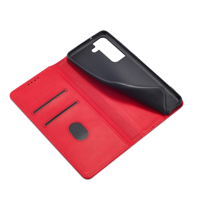 For Samsung Galaxy S21 FE 5G Skin-feel Calfskin Texture Magnetic Dual-Fold Horizontal Flip Leather Case with Holder & Card Slots & Wallet