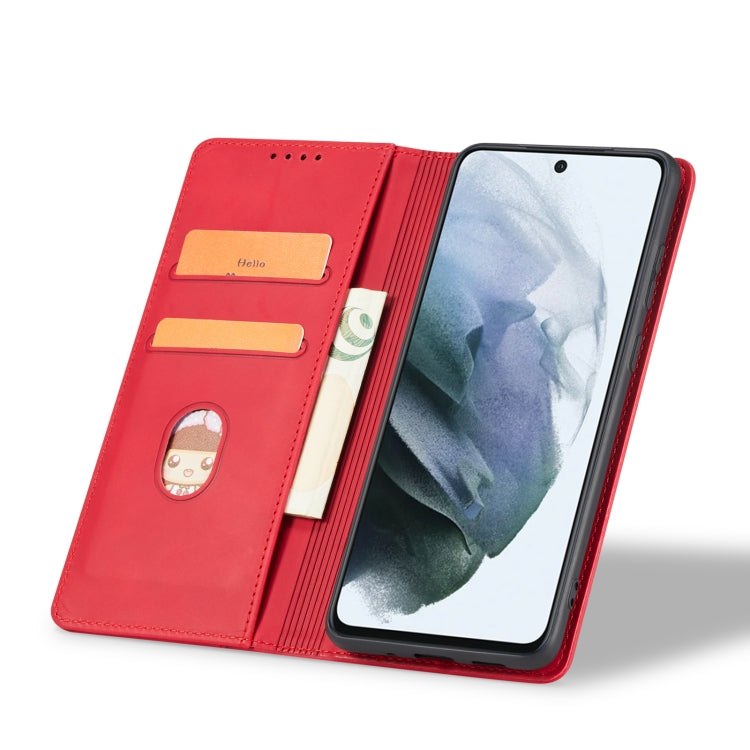 For Samsung Galaxy S21 FE 5G Skin-feel Calfskin Texture Magnetic Dual-Fold Horizontal Flip Leather Case with Holder & Card Slots & Wallet