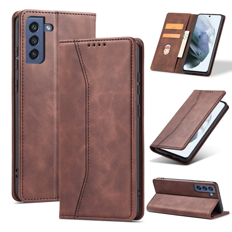 For Samsung Galaxy S21 FE 5G Skin-feel Calfskin Texture Magnetic Dual-Fold Horizontal Flip Leather Case with Holder & Card Slots & Wallet