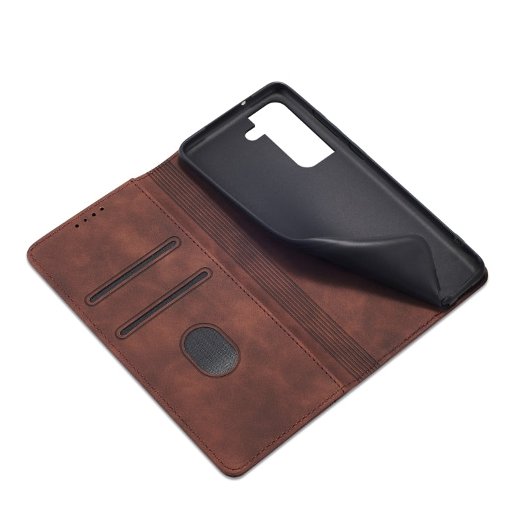 For Samsung Galaxy S21 FE 5G Skin-feel Calfskin Texture Magnetic Dual-Fold Horizontal Flip Leather Case with Holder & Card Slots & Wallet