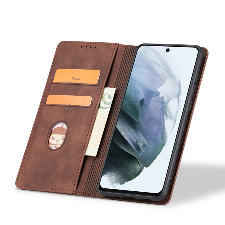 For Samsung Galaxy S21 FE 5G Skin-feel Calfskin Texture Magnetic Dual-Fold Horizontal Flip Leather Case with Holder & Card Slots & Wallet